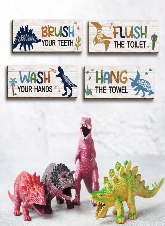 HIWERAN 4 Pcs Watercolor Dinosaur Bathroom Wall Decor, Funny Bathroom Rules Wooden Hanging Sign Toilet Restroom Wall Decor, Dinosaur Wall Art Signs for Boys (11.8”X4”), Placards of Wood, Works of Art of Wood - Image 3