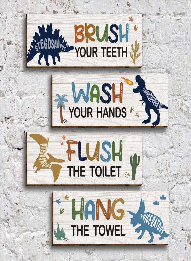 HIWERAN 4 Pcs Watercolor Dinosaur Bathroom Wall Decor, Funny Bathroom Rules Wooden Hanging Sign Toilet Restroom Wall Decor, Dinosaur Wall Art Signs for Boys (11.8”X4”), Placards of Wood, Works of Art of Wood - Image 4