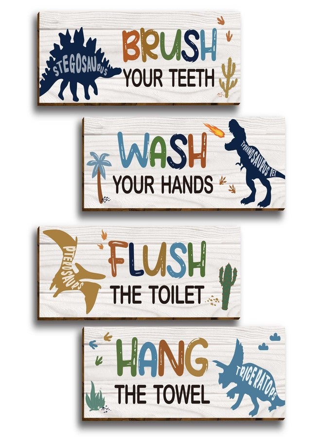 HIWERAN 4 Pcs Watercolor Dinosaur Bathroom Wall Decor, Funny Bathroom Rules Wooden Hanging Sign Toilet Restroom Wall Decor, Dinosaur Wall Art Signs for Boys (11.8”X4”), Placards of Wood, Works of Art of Wood - Image 1