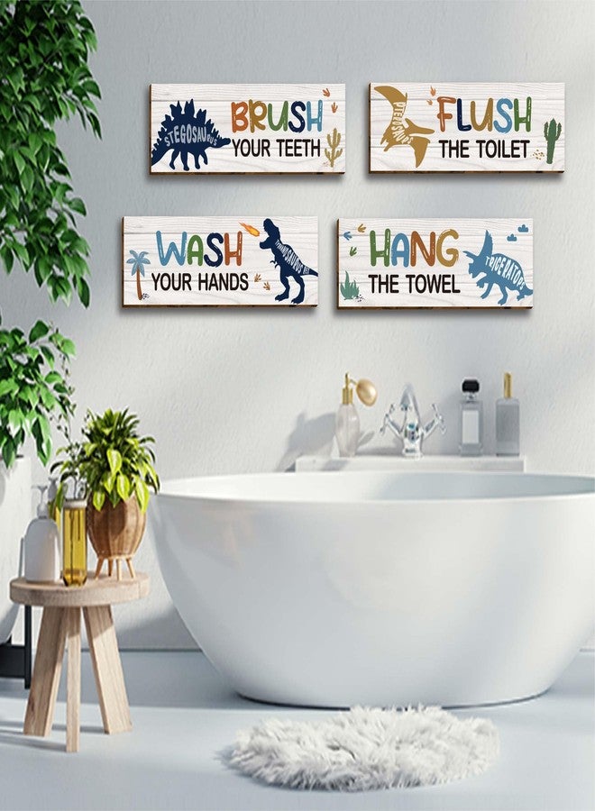 HIWERAN 4 Pcs Watercolor Dinosaur Bathroom Wall Decor, Funny Bathroom Rules Wooden Hanging Sign Toilet Restroom Wall Decor, Dinosaur Wall Art Signs for Boys (11.8”X4”), Placards of Wood, Works of Art of Wood - Image 5