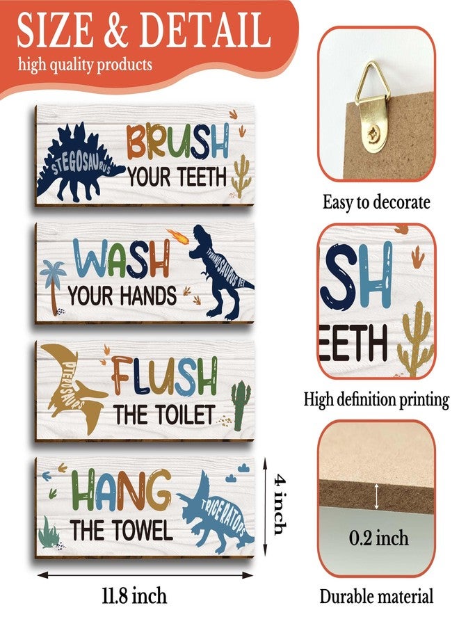 HIWERAN 4 Pcs Watercolor Dinosaur Bathroom Wall Decor, Funny Bathroom Rules Wooden Hanging Sign Toilet Restroom Wall Decor, Dinosaur Wall Art Signs for Boys (11.8”X4”), Placards of Wood, Works of Art of Wood - Image 2