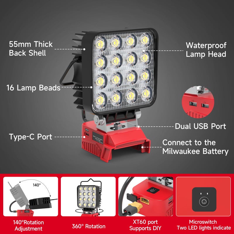 Azocek New Upgrade Azocek LED Work Light Compatible with Mil-wau-kee 18V Battery, 48W 4800LM Flashlight, 18V Battery Cordless Work Light with Low Voltage Protection & Dual USB & Type-C Charging Port (48W) - Image 3