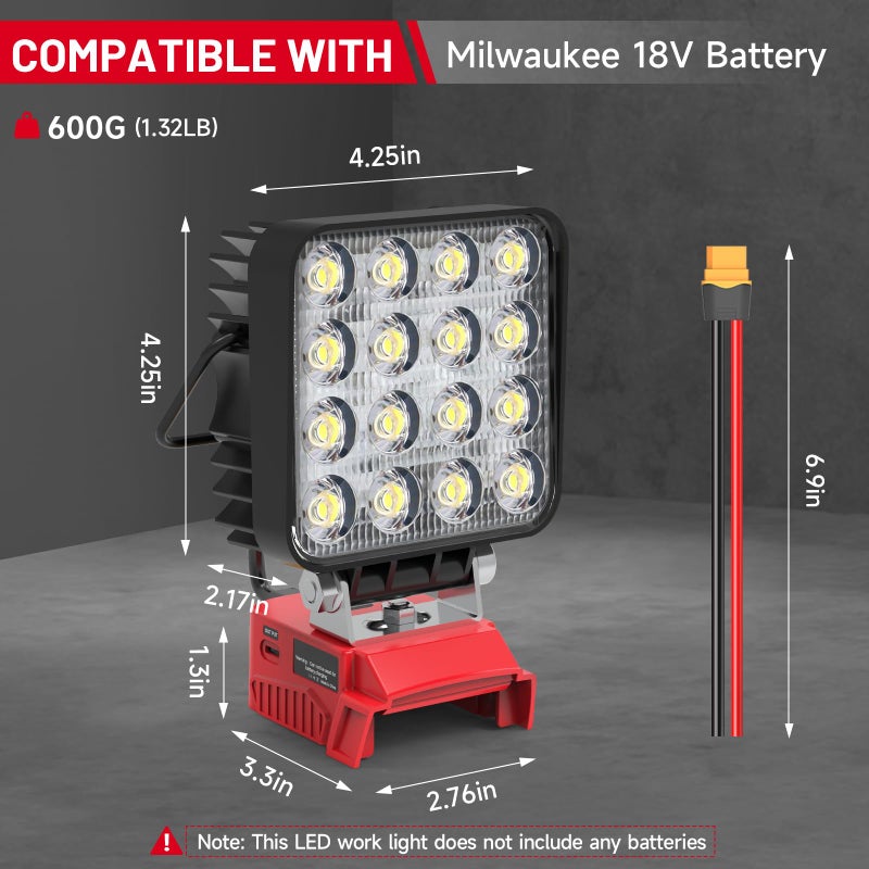 Azocek New Upgrade Azocek LED Work Light Compatible with Mil-wau-kee 18V Battery, 48W 4800LM Flashlight, 18V Battery Cordless Work Light with Low Voltage Protection & Dual USB & Type-C Charging Port (48W) - Image 2
