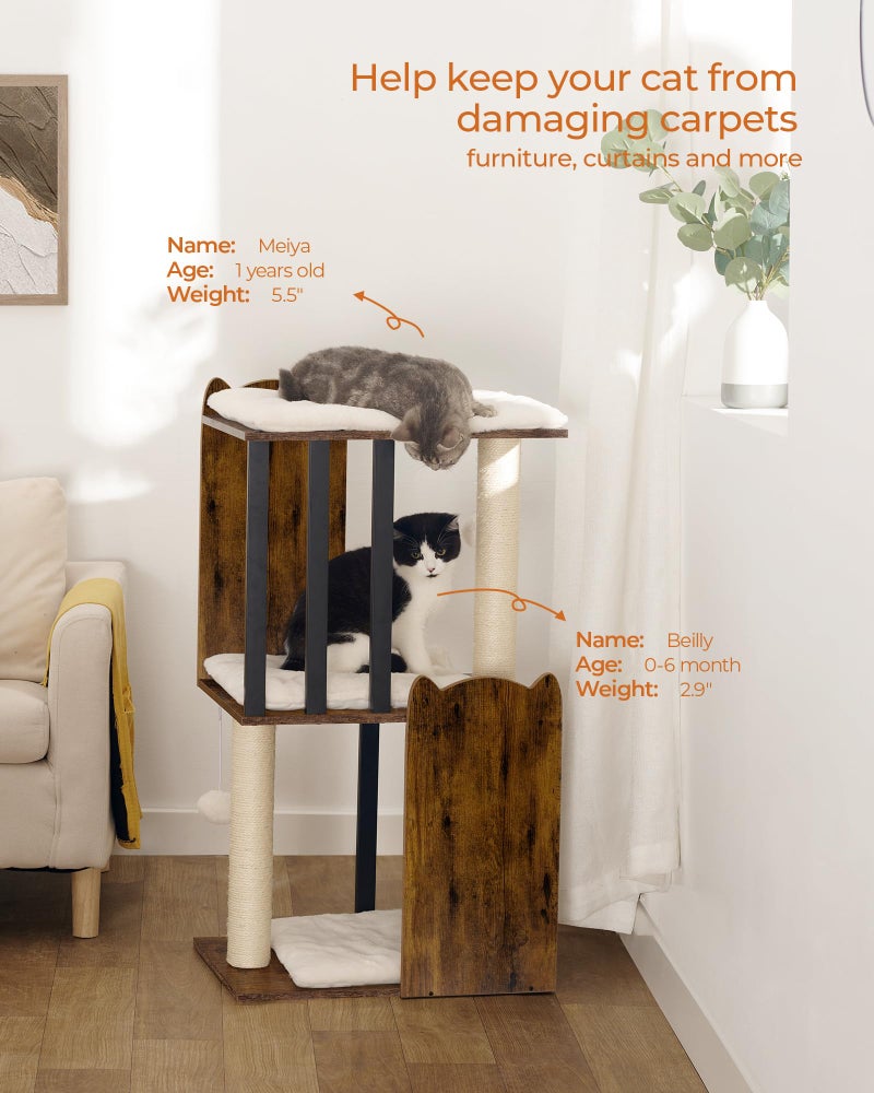 FourFurPets 35.4in 3-Tier Modern Cat Tree Tower Condo, Cat Scratch Posts for Indoor Cats, Big Plate, Two Full Sisal Scratching Posts, Rustic Brown - Image 2