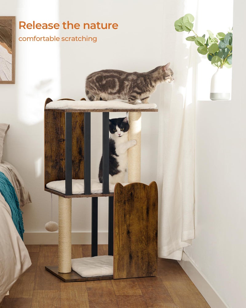 FourFurPets 35.4in 3-Tier Modern Cat Tree Tower Condo, Cat Scratch Posts for Indoor Cats, Big Plate, Two Full Sisal Scratching Posts, Rustic Brown - Image 3