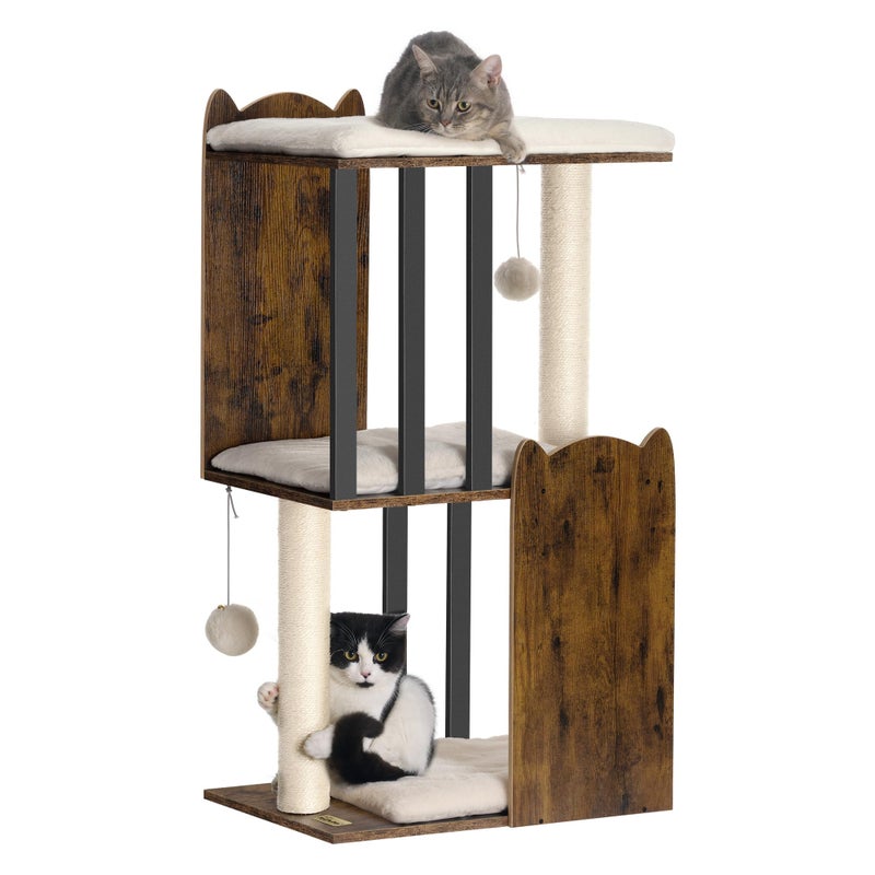 FourFurPets 35.4in 3-Tier Modern Cat Tree Tower Condo, Cat Scratch Posts for Indoor Cats, Big Plate, Two Full Sisal Scratching Posts, Rustic Brown - Image 1