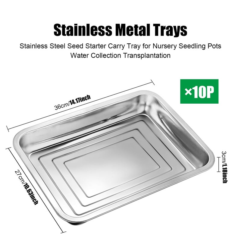 Rootrimmer Stainless Metal Trays  Stainless Steel Seed Starter Carry Tray For Nursery Seedling Pots Water Collection Transplantation (10.63 Inch?14.17 Inch  1.18"" Height  10-Pack) - Image 2