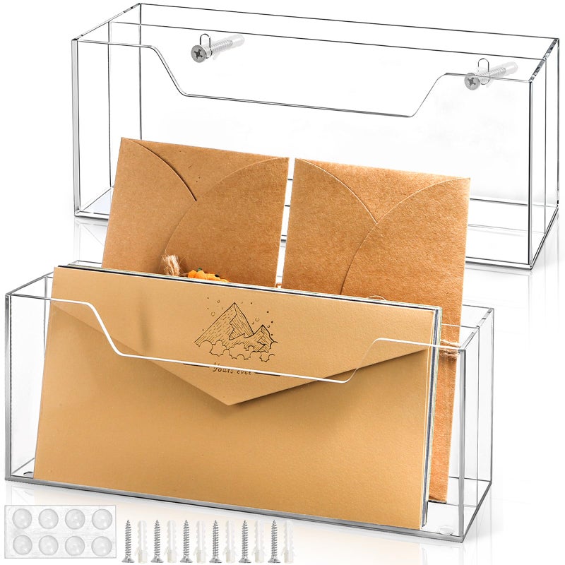 Noamus 2 Pack Acrylic Mail Organizer for #10 Envelopes, 2 Slot Wall-Mounted Letter Holder, Clear Hanging File Rack, Countertop File Sorters Box for Desk Bill Filling, Home Office School Workspace - Image 1