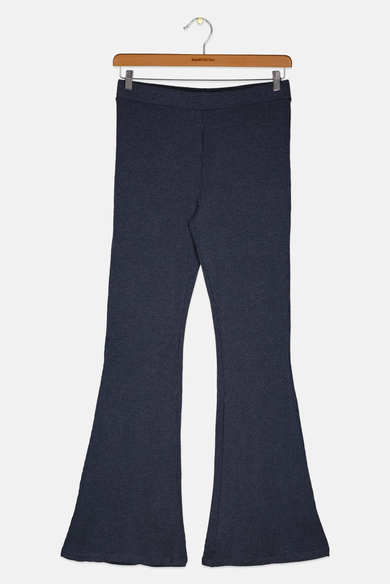MONKI Women Regular Fit Ribbed Flare Leg Pants, Washed Navy - Image 2