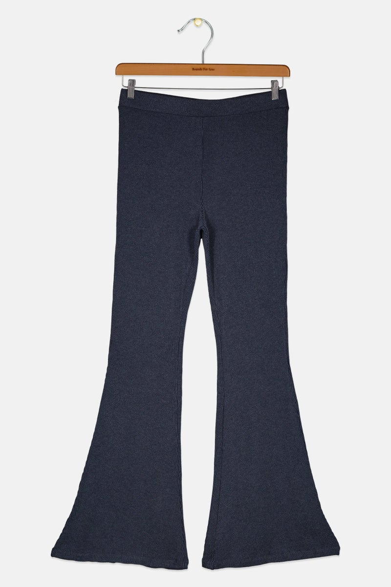 MONKI Women Regular Fit Ribbed Flare Leg Pants, Washed Navy - Image 3