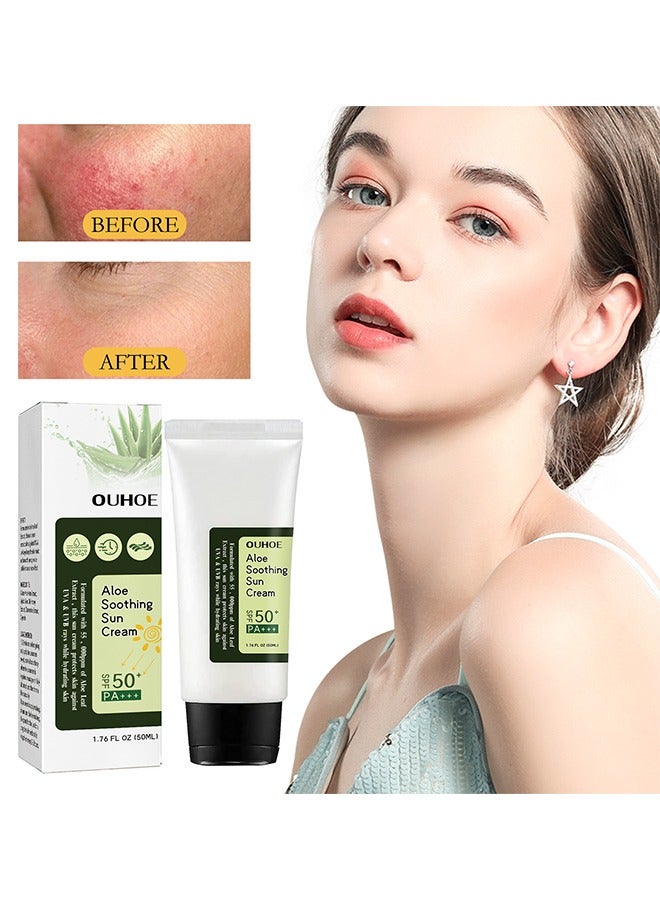 أوهو Aloe Soothing Sun Cream - SPF 50+ PA +++ ، له قوام خفيف للغاية وغير دهني ، واقي شمسي فائق لجميع أنواع البشرة ، مناسب تحت المكياج مع لمسة نهائية جافة غير لامعة تدوم طويلا وتأثير مضاد للمعان - Image 2