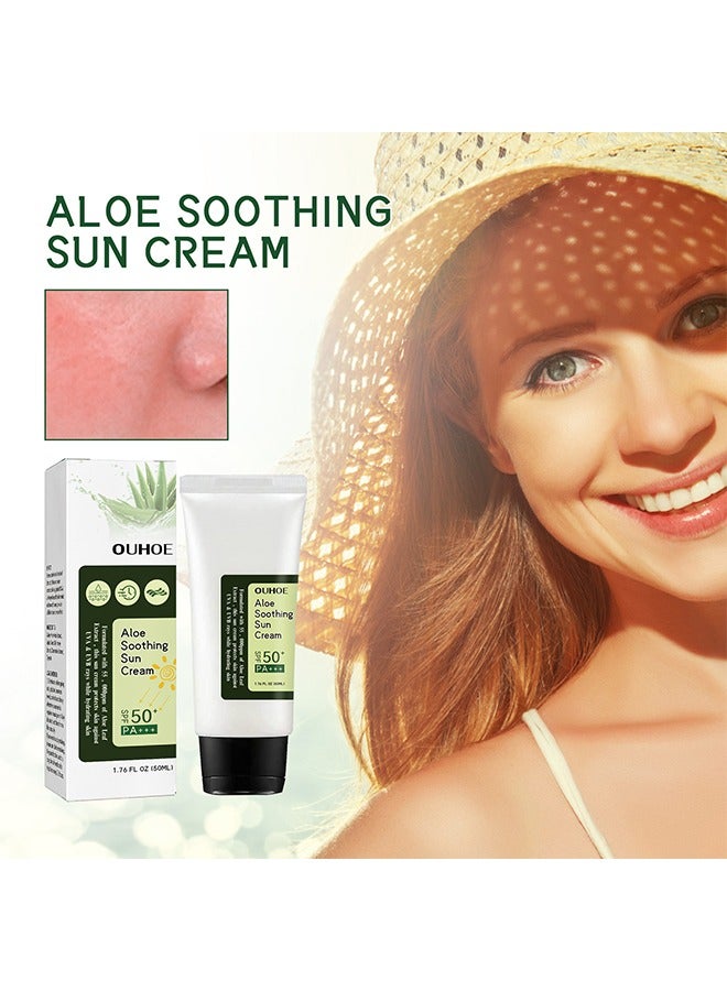 أوهو Aloe Soothing Sun Cream - SPF 50+ PA +++ ، له قوام خفيف للغاية وغير دهني ، واقي شمسي فائق لجميع أنواع البشرة ، مناسب تحت المكياج مع لمسة نهائية جافة غير لامعة تدوم طويلا وتأثير مضاد للمعان - Image 1