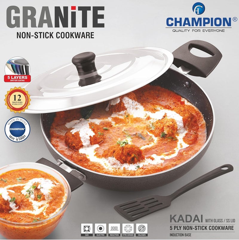 Champion Champion Aluminium Kadai with Glass Lid Induction Base NonStick PFOA Free Sturdy Handles Metal Spoon Friendly 15 Litre  - Image 2