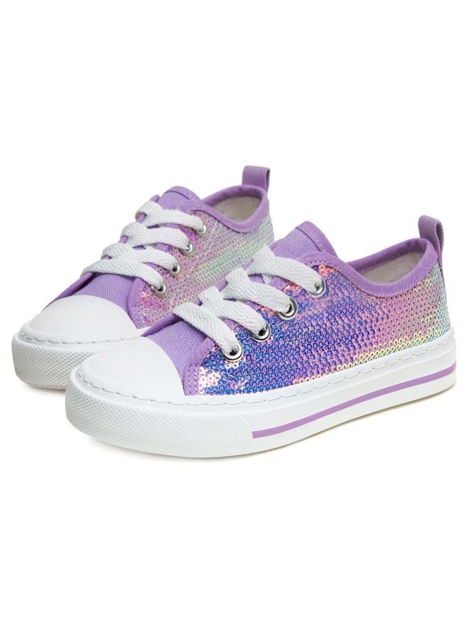 Toandon Girls Kids Sneakers Glitter Sequins Canvas Shoes Toddler Child Glitter Sparkle Low Top Lace Up Non Slip Lightweight Walking Outdoor Purple Size 11 - Image 1