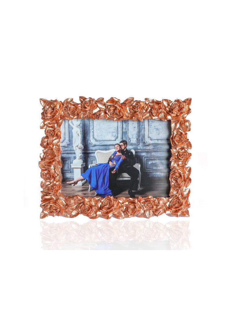 إطار صورة قديم مزخرف بالأزهار والأوراق مع واجهة زجاجية عرض أنتيك للتزيين على الطاولة أو لتعليقها على الجدار، مثالي للمنزل أو المكتب أو المتجر، هدية للمناسبات، بلون وردي ذهبي مقاس 3x4.8 إنش. - Image 4