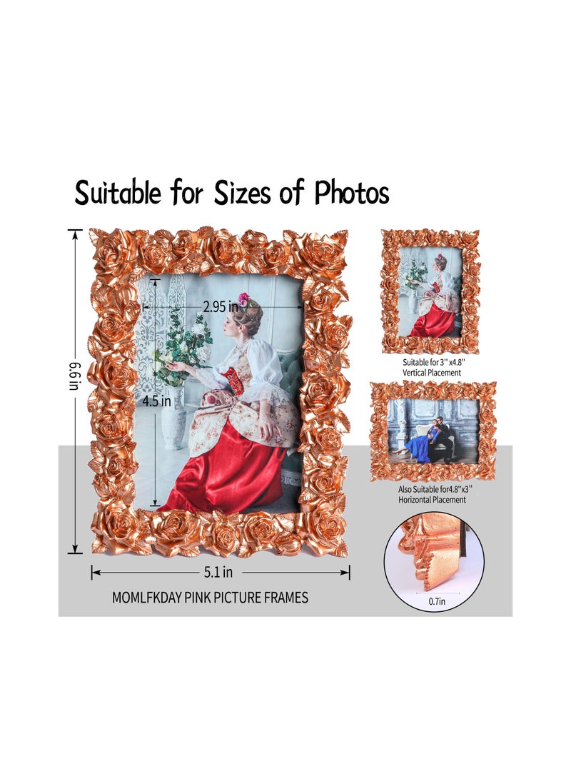إطار صورة قديم مزخرف بالأزهار والأوراق مع واجهة زجاجية عرض أنتيك للتزيين على الطاولة أو لتعليقها على الجدار، مثالي للمنزل أو المكتب أو المتجر، هدية للمناسبات، بلون وردي ذهبي مقاس 3x4.8 إنش. - Image 5