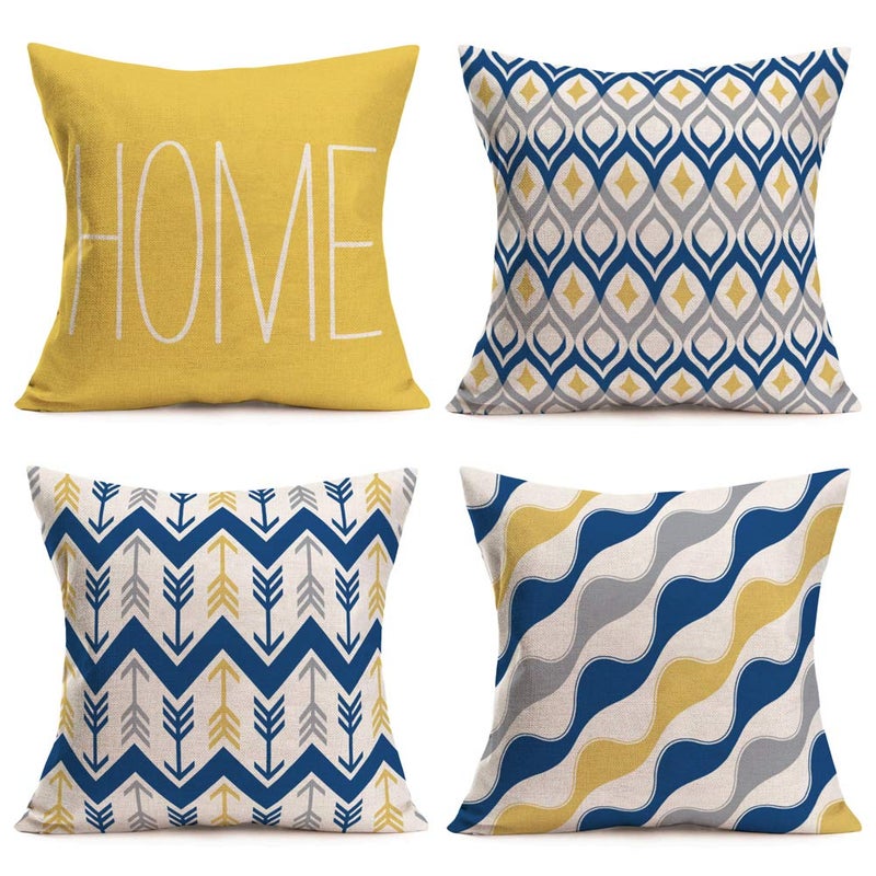 Fukeen Home Geometric Set of 4 Throw Pillow Covers Modern Accent Decorative 18x18 Inch Blue Yellow Grey Arrow Stripes Wave Abstract Pattern Pillow Cases Cushion Cover for Living Room Bed