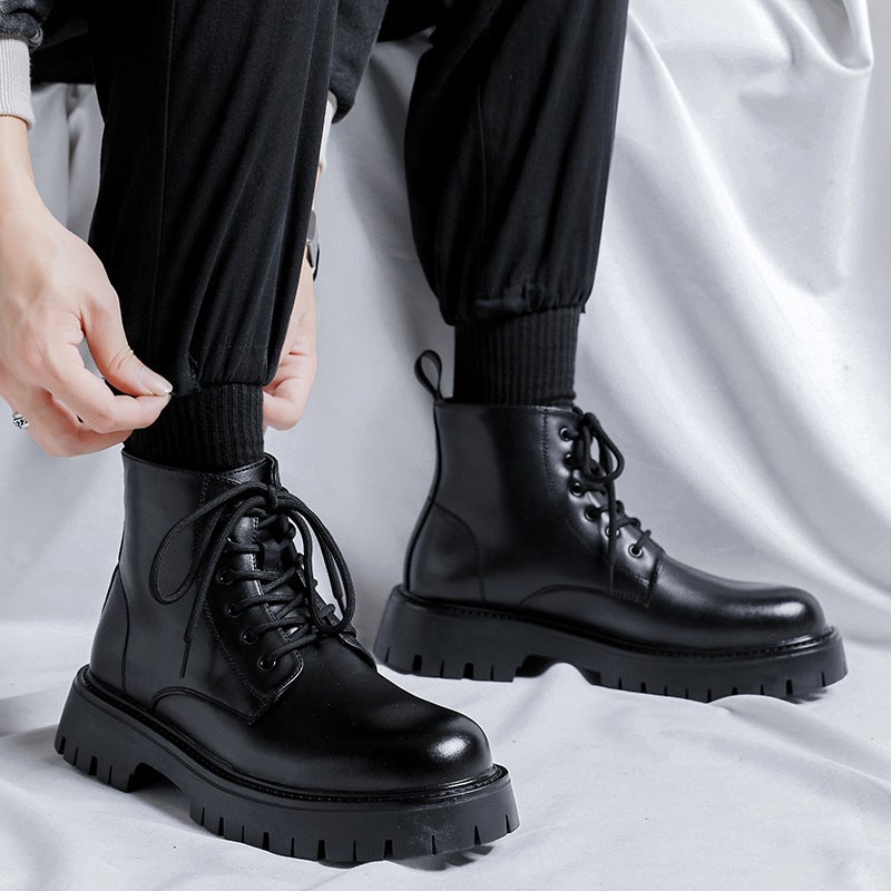 Boots Men'S British Style High-Top Boots Men'S Soft Leather New Mid-Top Heightening Workwear Chelsea Short Boots - Image 4