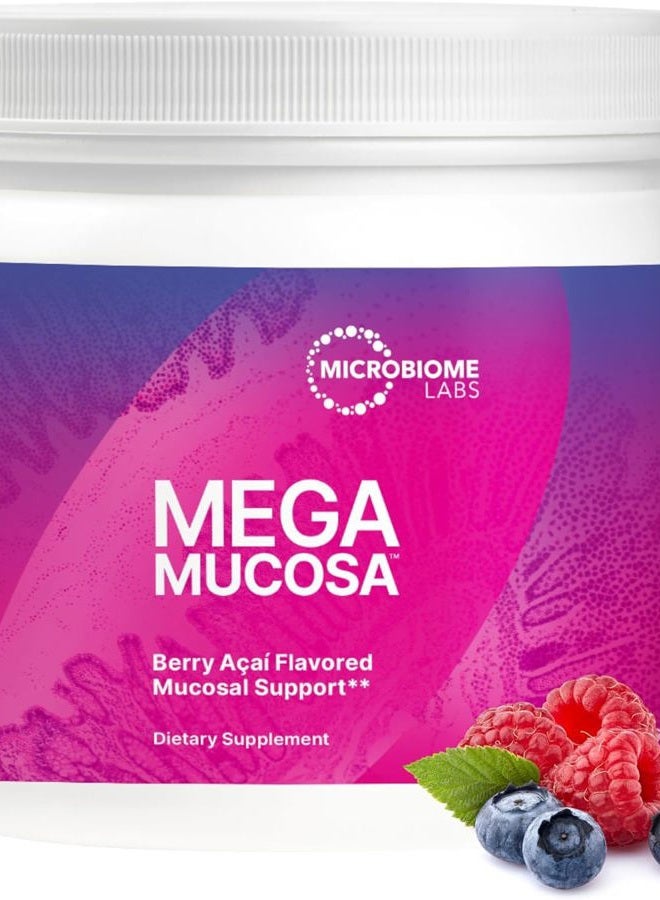 Microbiome Labs ميغا موكوزا - مكمل مسحوق بطانة الجهاز الهضمي - دعم بطانة الأمعاء والمناعة مع الأجسام المضادة والأحماض الأمينية - مسحوق بنكهة توت الأساي للبالغين والأطفال والمراهقين (5.5 أونصة) - Image 1