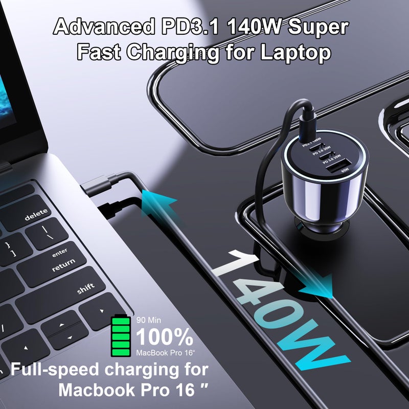 URVNS 240W USB C Car Charger, Super Fast Charging 4-Ports PD3.1 140W/PD3.0 100W PPS 45W QC65W Type-C Car Adapter for MacBook Pro Laptop iPhone 16 15 Max iPad Samsung Galaxy S24/23 Pixel etc - Image 5