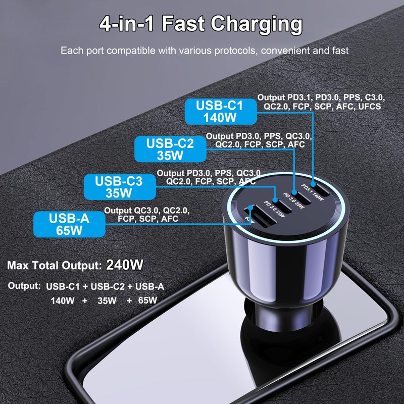 URVNS 240W USB C Car Charger, Super Fast Charging 4-Ports PD3.1 140W/PD3.0 100W PPS 45W QC65W Type-C Car Adapter for MacBook Pro Laptop iPhone 16 15 Max iPad Samsung Galaxy S24/23 Pixel etc - Image 3