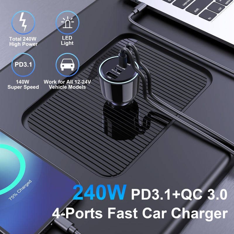 URVNS 240W USB C Car Charger, Super Fast Charging 4-Ports PD3.1 140W/PD3.0 100W PPS 45W QC65W Type-C Car Adapter for MacBook Pro Laptop iPhone 16 15 Max iPad Samsung Galaxy S24/23 Pixel etc - Image 2