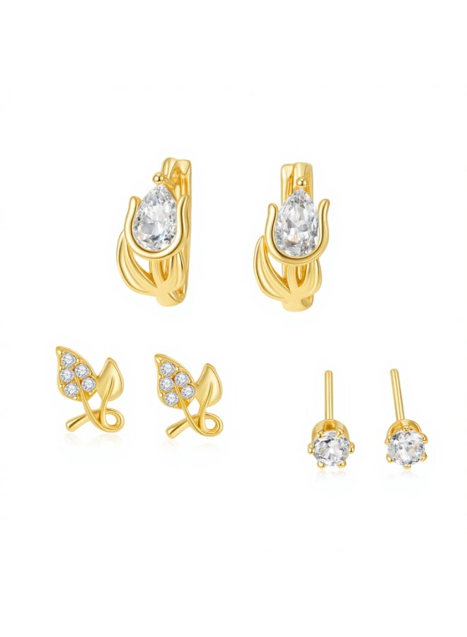 MTZ 3 Pairs Cubic Zirconia Stud Earrings Set for Women, Hypoallergenic Gold Plated Crystal Earrings, Dainty CZ Diamond Studs in Various Sizes, Sensitive Ear Friendly Jewelry Gift Box - Image 1