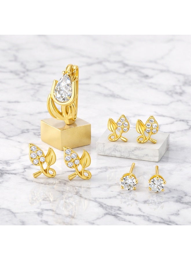 MTZ 3 Pairs Cubic Zirconia Stud Earrings Set for Women, Hypoallergenic Gold Plated Crystal Earrings, Dainty CZ Diamond Studs in Various Sizes, Sensitive Ear Friendly Jewelry Gift Box - Image 5
