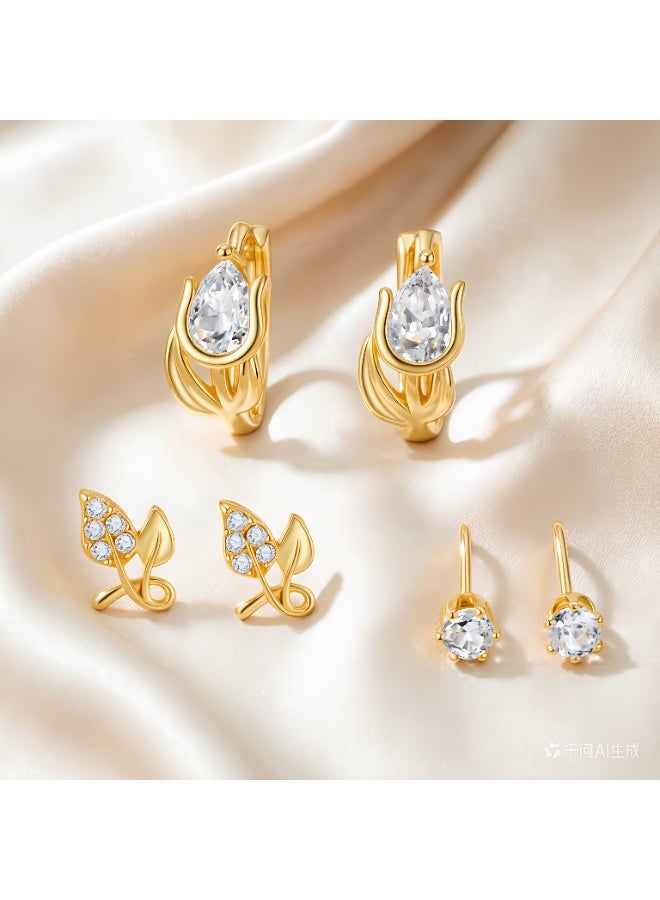 MTZ 3 Pairs Cubic Zirconia Stud Earrings Set for Women, Hypoallergenic Gold Plated Crystal Earrings, Dainty CZ Diamond Studs in Various Sizes, Sensitive Ear Friendly Jewelry Gift Box - Image 4