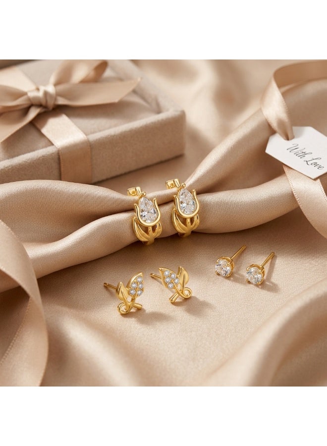 MTZ 3 Pairs Cubic Zirconia Stud Earrings Set for Women, Hypoallergenic Gold Plated Crystal Earrings, Dainty CZ Diamond Studs in Various Sizes, Sensitive Ear Friendly Jewelry Gift Box - Image 3