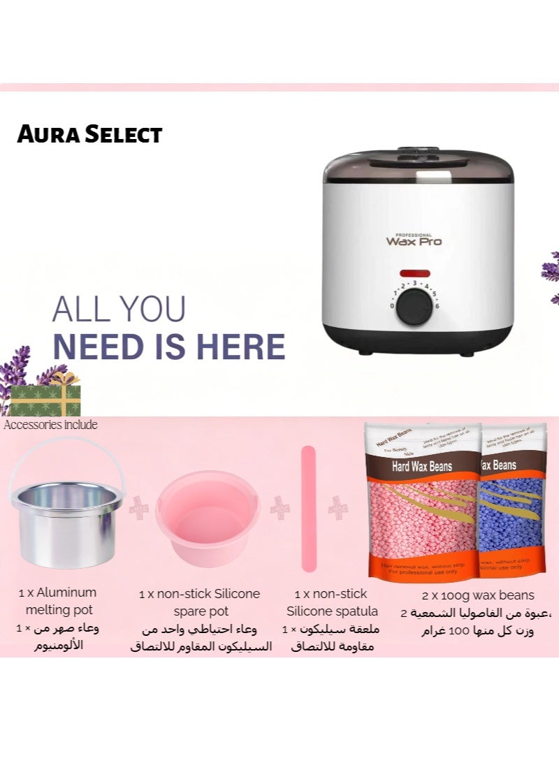 Aura Select 400ml  epilators Constant Temperature Wax Warmer – PTC Fast Heating Hair Removal Waxing Kit with Original Aluminum Pot + Spare Silicone Pot & Silicone Spatula, 2×100g Wax Beans (White) - Image 2