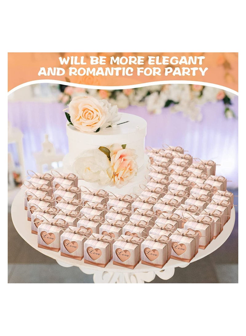 SYOSI Valentines Love Candy Boxes, 50Pcs Wedding Favor Boxes Party Favor, with Tags & Burlap Twine, for Wedding Travel Party Decoration, European Retro Wood Grain Love Heart-shaped Hollow Candy Box - Image 5