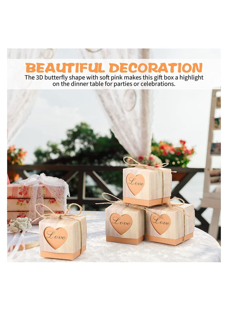 SYOSI Valentines Love Candy Boxes, 50Pcs Wedding Favor Boxes Party Favor, with Tags & Burlap Twine, for Wedding Travel Party Decoration, European Retro Wood Grain Love Heart-shaped Hollow Candy Box - Image 2