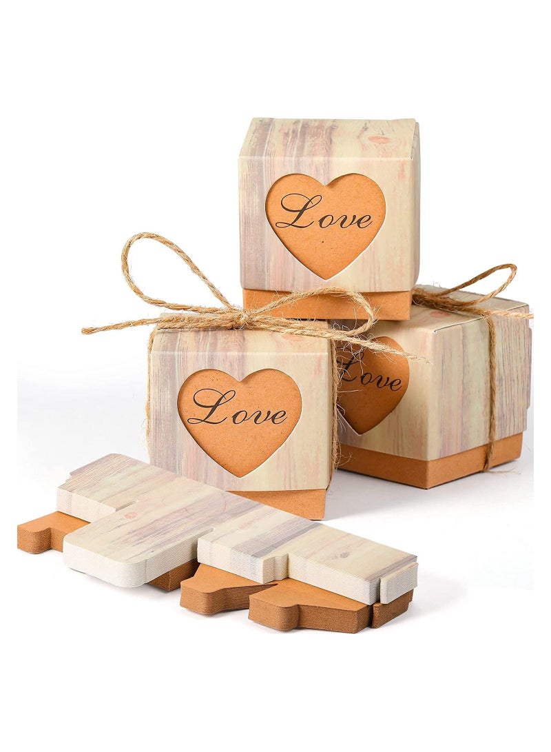SYOSI Valentines Love Candy Boxes, 50Pcs Wedding Favor Boxes Party Favor, with Tags & Burlap Twine, for Wedding Travel Party Decoration, European Retro Wood Grain Love Heart-shaped Hollow Candy Box - Image 1