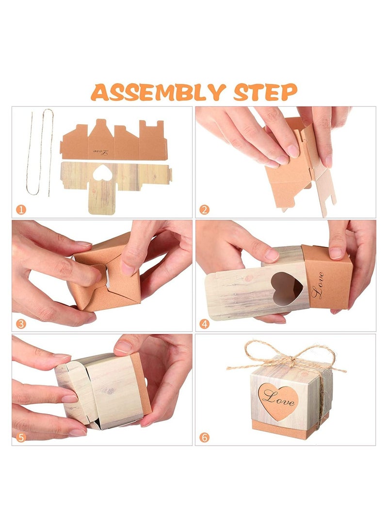 SYOSI Valentines Love Candy Boxes, 50Pcs Wedding Favor Boxes Party Favor, with Tags & Burlap Twine, for Wedding Travel Party Decoration, European Retro Wood Grain Love Heart-shaped Hollow Candy Box - Image 4