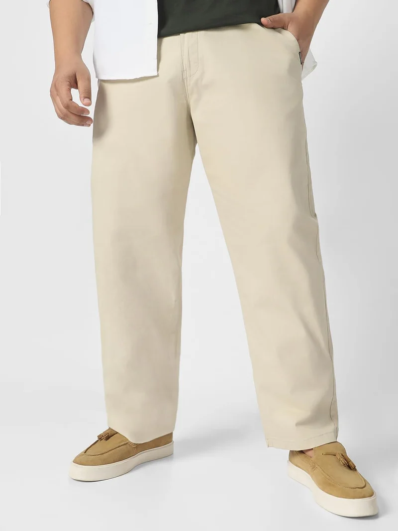 Urbano Plus Men's Cream Cotton Regular Fit Casual Chinos Trousers Stretch