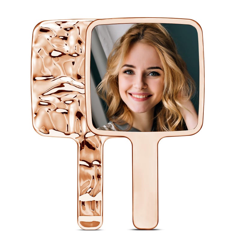 MIRRORNOVA MIRRORNOVA Handheld Mirror Water Ripples Hand Mirror with Handle for Makeup Square Rose Gold Medium 5 x 9 inches