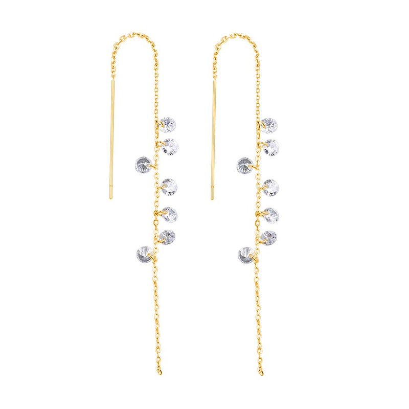 SLUYNZ 925 Sterling Silver Sparkling CZ Droplet Dangle Earrings for Women Elegant Long Threader Earrings (C-Gold) - Image 1
