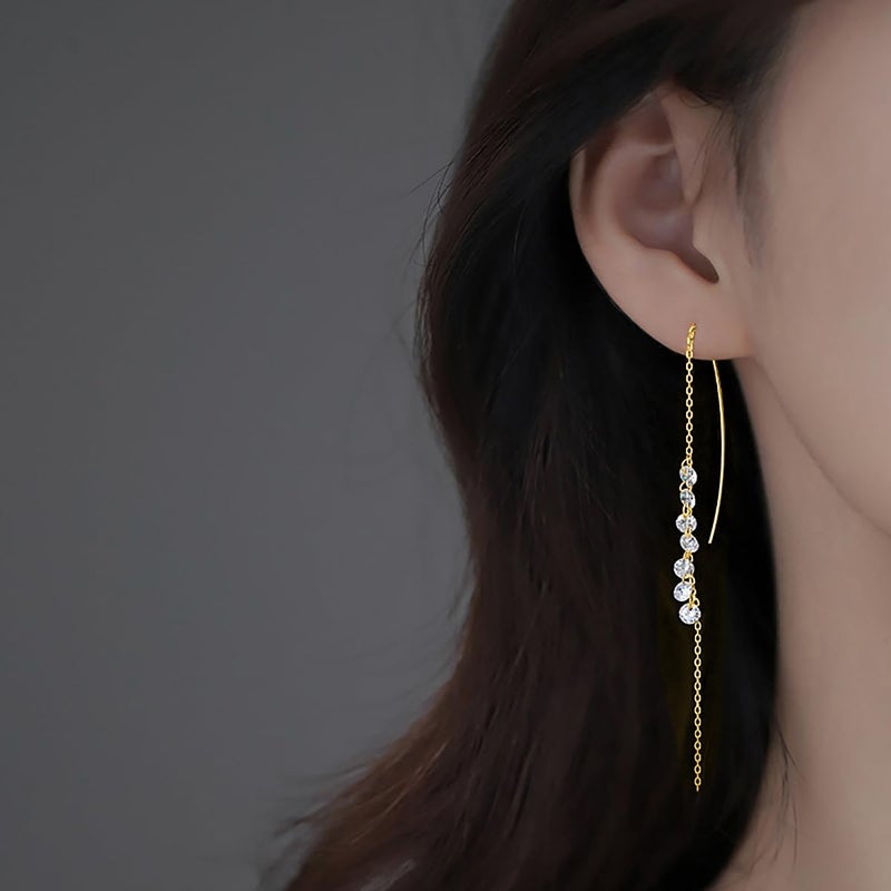 SLUYNZ 925 Sterling Silver Sparkling CZ Droplet Dangle Earrings for Women Elegant Long Threader Earrings (C-Gold) - Image 3