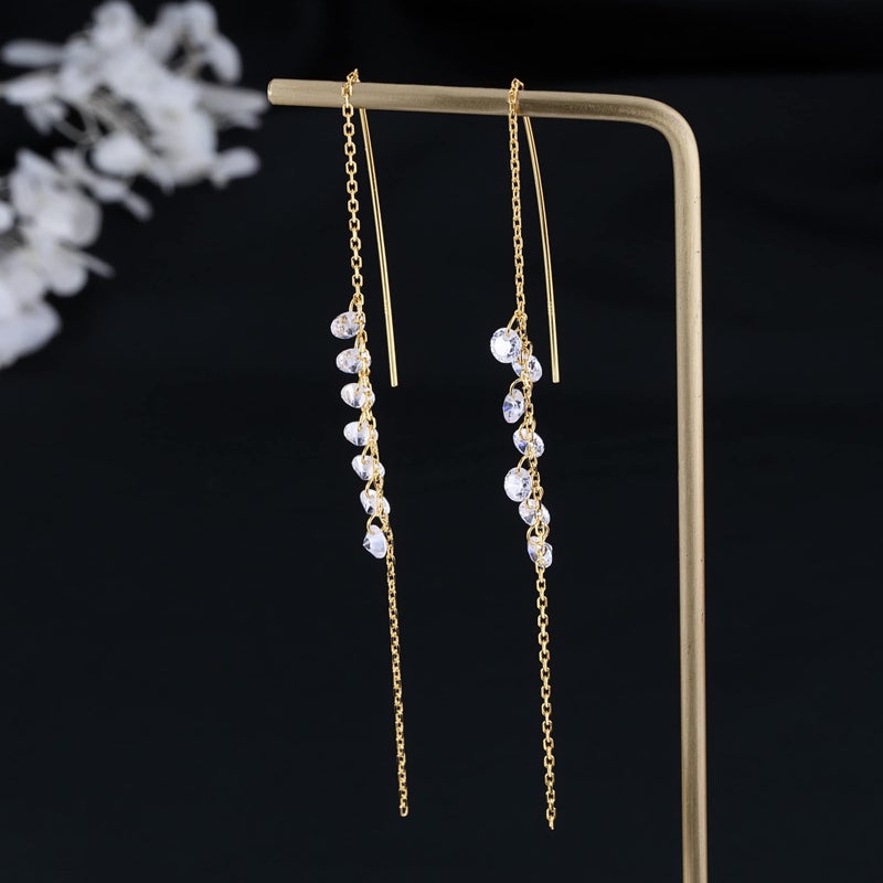 SLUYNZ 925 Sterling Silver Sparkling CZ Droplet Dangle Earrings for Women Elegant Long Threader Earrings (C-Gold) - Image 4