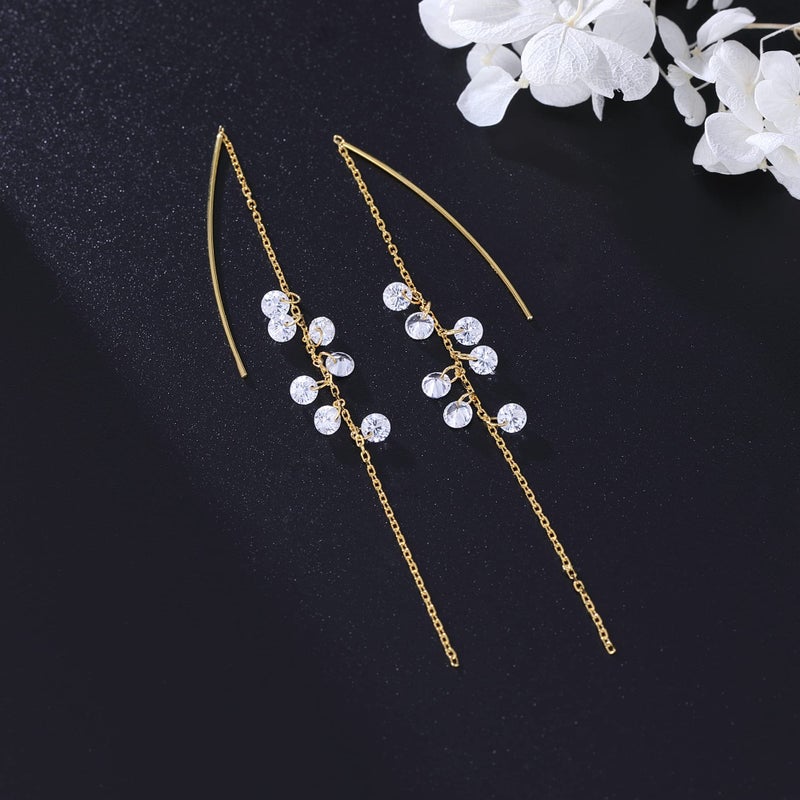 SLUYNZ 925 Sterling Silver Sparkling CZ Droplet Dangle Earrings for Women Elegant Long Threader Earrings (C-Gold) - Image 5