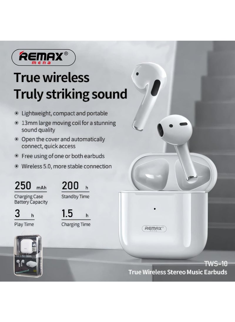 Remax Mena - True Wireless Stereo Music Call Earphone TWS-10i Enhanced Version, Bluetooth 5.0 True Wireless, Bluetooth Headset For iPhone 14,15 Pro/Max White - Image 1