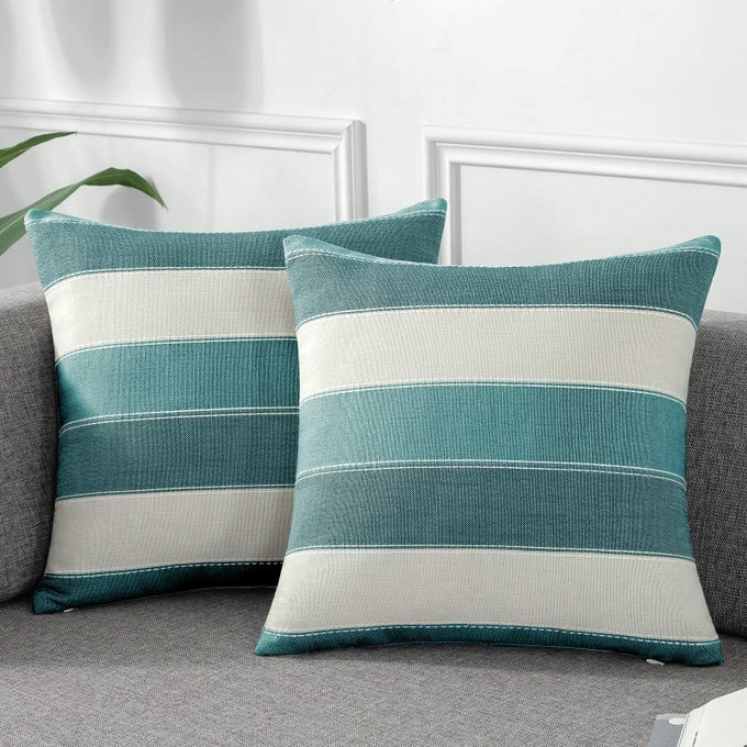 PACK OF 2 FARMHOUSE STRIPE CHECK THROW PILLOW COVERS SET CASE COTTON LINEN DECORATIVE PILLOWCASES CUSHION COVER FOR COUCH BENCH SOFA 20X20INCH TEAL BLUE