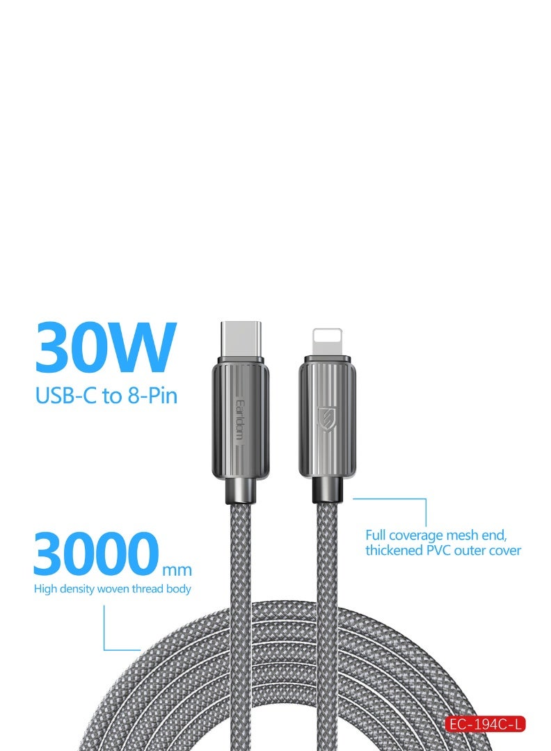 Earldom 3M USB-C to Lightning Fast Charging Cable – 30W (3A) Nylon Braided Power Cord for iPhone 16/16 Pro/16 Pro Max/16 Plus, 15/14/13 Series, iPad Mini 6/Pro, and All Lightning-Compatible Devices – Black - Image 2