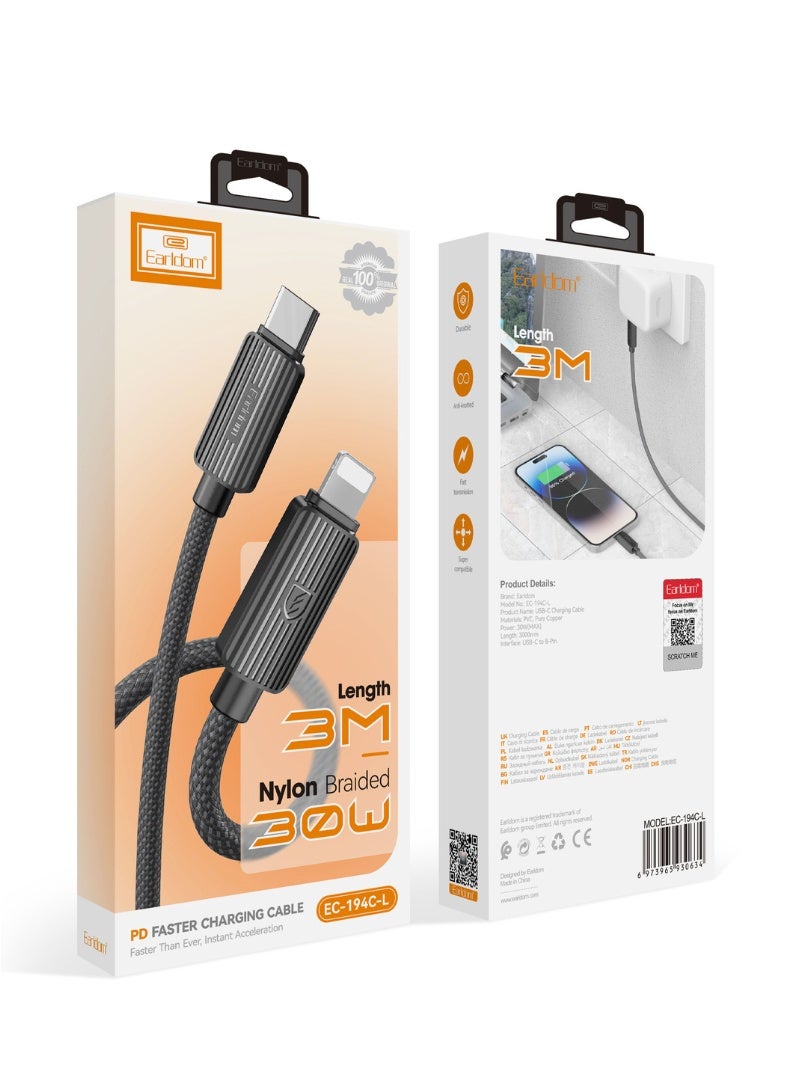 Earldom 3M USB-C to Lightning Fast Charging Cable – 30W (3A) Nylon Braided Power Cord for iPhone 16/16 Pro/16 Pro Max/16 Plus, 15/14/13 Series, iPad Mini 6/Pro, and All Lightning-Compatible Devices – Black - Image 1