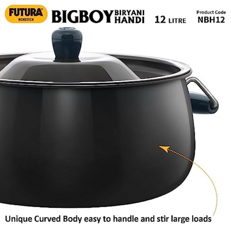 Biryani cooking and serving handi for home and catering use, hard anodised aluminium with non-stick interior, black colour, 12 litre capacity, durable and easy-clean - Image 4
