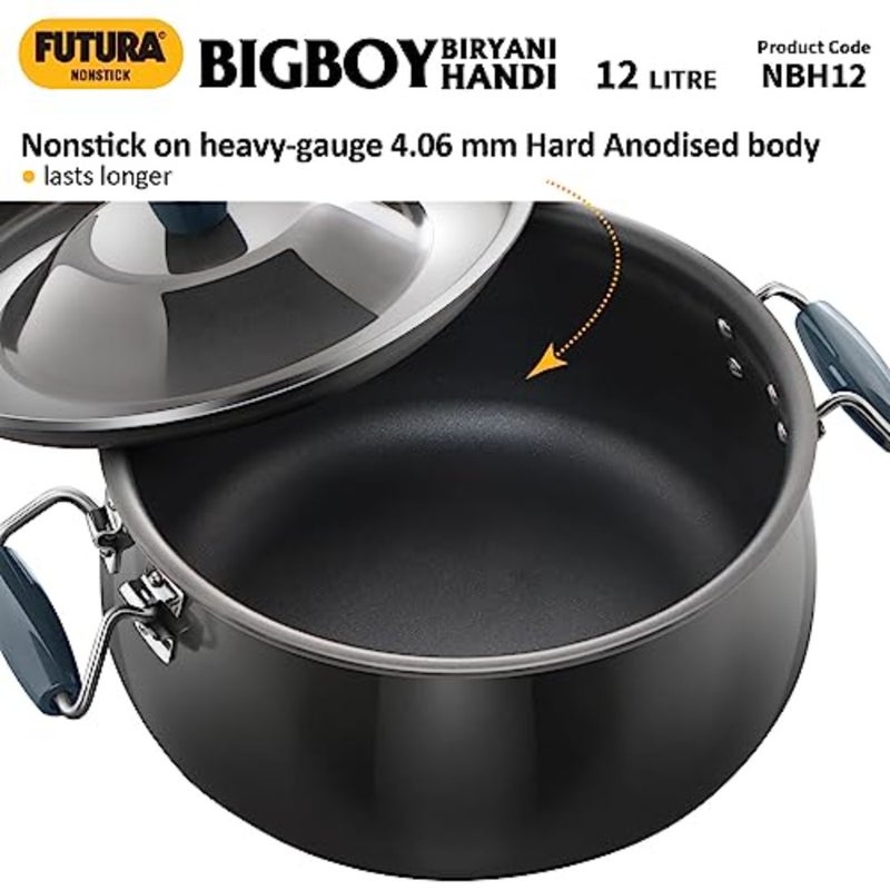 Biryani cooking and serving handi for home and catering use, hard anodised aluminium with non-stick interior, black colour, 12 litre capacity, durable and easy-clean - Image 5