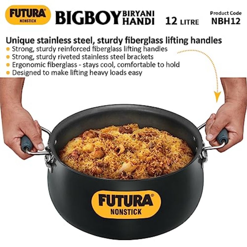 Biryani cooking and serving handi for home and catering use, hard anodised aluminium with non-stick interior, black colour, 12 litre capacity, durable and easy-clean - Image 3