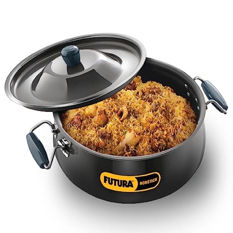 Biryani cooking and serving handi for home and catering use, hard anodised aluminium with non-stick interior, black colour, 12 litre capacity, durable and easy-clean - Image 1