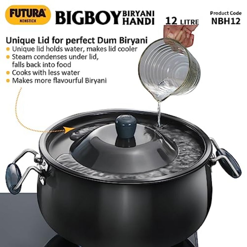 Biryani cooking and serving handi for home and catering use, hard anodised aluminium with non-stick interior, black colour, 12 litre capacity, durable and easy-clean - Image 2